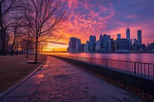 ai gegenereerd de adembenemend nieuw york stad horizon Bij zonsopkomst foto