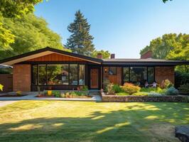 ai gegenereerd een midden in de eeuw modern bungalow gelegen in een bladerrijk buitenwijk buurt foto