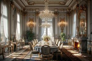 ai gegenereerd een Frans geïnspireerd formeel dining kamer met overladen lijstwerk, kristal kroonluchters foto