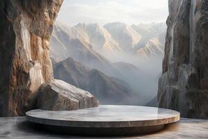 ai gegenereerd een minimalistische podium geïnspireerd door de schoonheid van een berg landschap foto