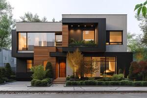 ai gegenereerd een modern minimalistische huis gelegen in een bloeiend metropolis foto