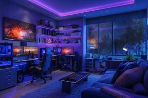 ai gegenereerd een gamers slaapkamer met een op maat gebouwd gaming pc foto