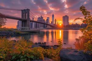 ai gegenereerd de adembenemend nieuw york stad horizon Bij zonsopkomst foto