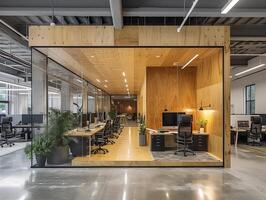 ai gegenereerd een kantoor milieu ontworpen net zo een samenwerkend ontwerp studio, met flexibel werkruimten foto
