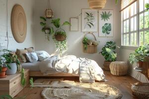 ai gegenereerd een minimalistische kinderen' slaapkamer met een natuur geïnspireerd thema foto