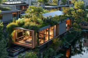 ai gegenereerd stedelijk groen oase met een duurzame huis foto