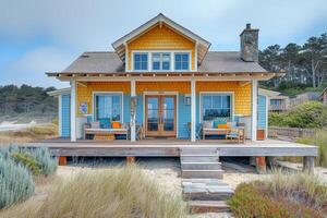 ai gegenereerd een aan het strand kust huis genesteld binnen een levendig kust- gemeenschap foto