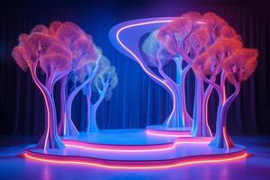 ai gegenereerd een podium met neon bomen dat pulse met leven foto