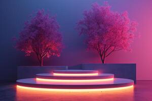 ai gegenereerd een minimalistische podium versierd met neon bomen foto