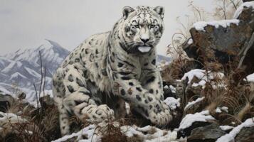 ai gegenereerd een schilderij van een sneeuw luipaard Aan een besneeuwd berg. generatief ai foto