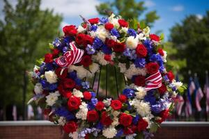 ai gegenereerd een patriot dag gedenkteken versierd met rood, wit, en blauw bloemen. generatief ai foto