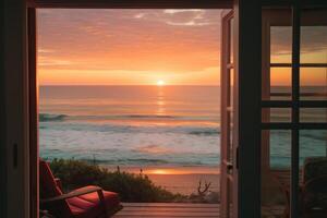 ai gegenereerd zonsopkomst over- de oceaan, gezien van een knus strand huis. generatief ai foto