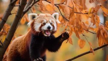 ai gegenereerd een rood panda staand Aan top van een boom Afdeling. generatief ai foto
