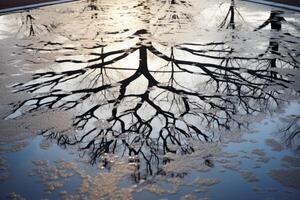 ai gegenereerd een gespiegeld reflectie van een boom in een plas creëert een abstract patroon. generatief ai foto