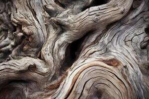 ai gegenereerd een dichtbij omhoog van een verweerd en knoestig boom kofferbak, symboliseert veerkracht in oud leeftijd. generatief ai foto