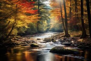 ai gegenereerd een rustig tafereel van een vredig rivier- kronkelend door een herfst Woud. generatief ai foto