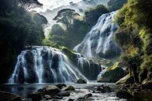 ai gegenereerd trapsgewijs waterval met de nevel en natuurlijk schoonheid. generatief ai foto