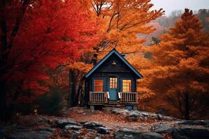 ai gegenereerd een boeiend schot van een eenzaam cabine omringd door de vurig kleuren van herfst, oproepen tot een zin van gezelligheid en eenzaamheid. generatief ai foto