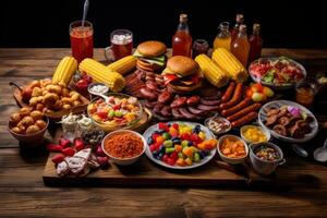 ai gegenereerd een picknick tafel geladen met zomer bbq geneugten. generatief ai foto