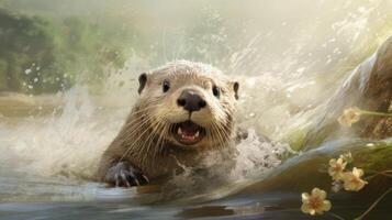 ai gegenereerd een Otter zwemmen in een lichaam van water. generatief ai foto
