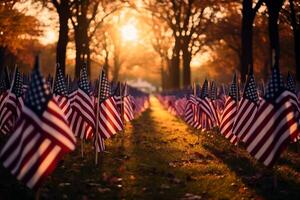 ai gegenereerd een zee van Amerikaans vlaggen geplant in een park voor een patriot dag gedenkteken Scherm. generatief ai foto