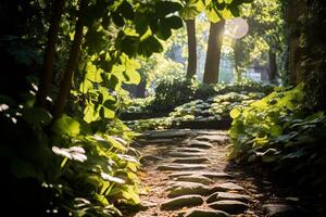 ai gegenereerd zonlicht filteren door bladeren in een tuin. generatief ai foto