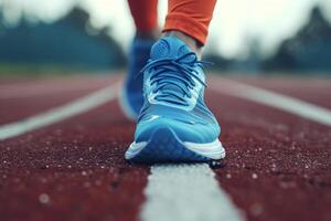 ai gegenereerd krachtig atleet vrouw schoenen poten. genereren ai foto