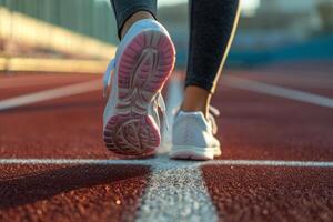 ai gegenereerd atleet vrouw schoenen Aan spoor. genereren ai foto