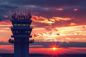 ai gegenereerd luchthaven controle toren zonsondergang. genereren ai foto