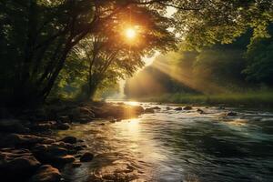 ai gegenereerd de sprankelend wateren van een vredig middag rivier. generatief ai foto