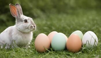 ai gegenereerd Pasen eieren konijnen Aan gras en natuur foto