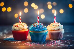 ai gegenereerd een trio van verjaardag cupcakes met kaarsen. generatief ai foto