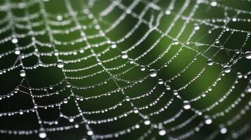 ai gegenereerd dichtbij omhoog van een spinnenweb versierd met dauwdruppels. generatief ai foto