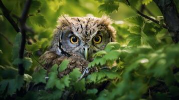 ai gegenereerd een uil is zittend in een boom op zoek Bij de camera. generatief ai foto