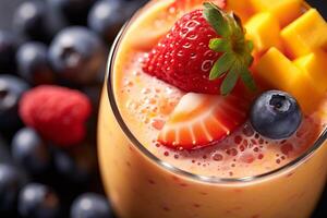 ai gegenereerd een detailopname van een verfrissend middag fruit smoothie. generatief ai foto