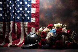ai gegenereerd een Amerikaans vlag backdrop verhelderend een brandweerman helm en een patriot dag lauwerkrans. generatief ai foto