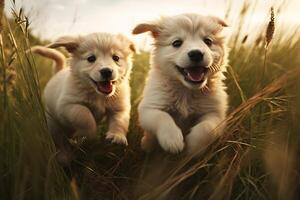 ai gegenereerd tweeling puppy's spelen in een met gras begroeid veld. generatief ai foto