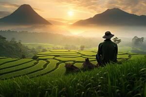 ai gegenereerd boer nemen een moment naar bewonderen de schoonheid van zijn bloeiend rijstveld veld. generatief ai foto