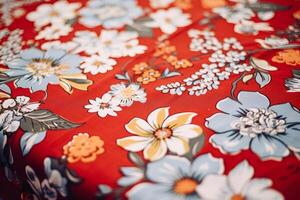 ai gegenereerd een detailopname van een tafelkleed met bloemen patronen. generatief ai foto