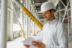 een jong geslaagd ingenieur met een tekening in zijn handen is staand in de gebied van een modern fabriek. foto