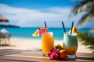 ai gegenereerd een aan het strand tafel met tropisch cocktails. generatief ai foto