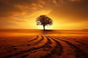 ai gegenereerd de silhouet van een eenzaam boom in een gouden veld. generatief ai foto