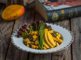 gezond mango quinoa salade geserveerd in een schotel geïsoleerd Aan houten achtergrond kant visie foto