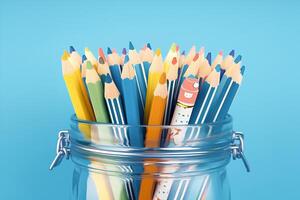 ai gegenereerd creatief werkruimte kleurrijk potloden in metaal kan, blauw achtergrond foto
