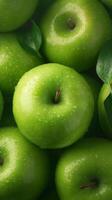 ai gegenereerd vers en levendig overhead perspectief van rijp groen appels verticaal mobiel behang foto