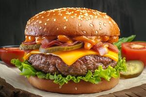ai gegenereerd visie traditioneel eigengemaakt Hamburger met rundvlees, kaas, sla, tomaat Aan hout foto
