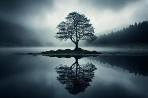 ai gegenereerd een dramatisch reflectie van een eenzaam boom in een mist gedekt Woud. generatief ai foto