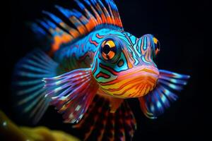 ai gegenereerd een detailopname van een levendig mandarijn- vis met opvallend kleuren. generatief ai foto