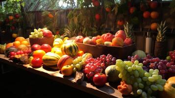 ai gegenereerd een kleurrijk rangschikking van fruit en groenten weergegeven Aan een tafel binnen een soeka, symboliseert overvloed en dankbaarheid. generatief ai foto