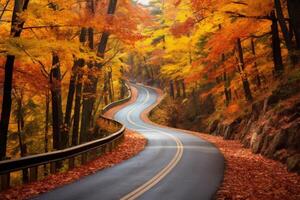 ai gegenereerd een kronkelend berg weg met lagen van levendig herfst kleuren. generatief ai foto